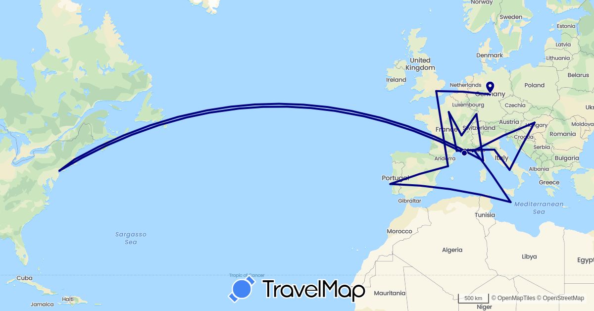 TravelMap itinerary: driving in Germany, Spain, France, United Kingdom, Hungary, Italy, Malta, Portugal, United States (Europe, North America)